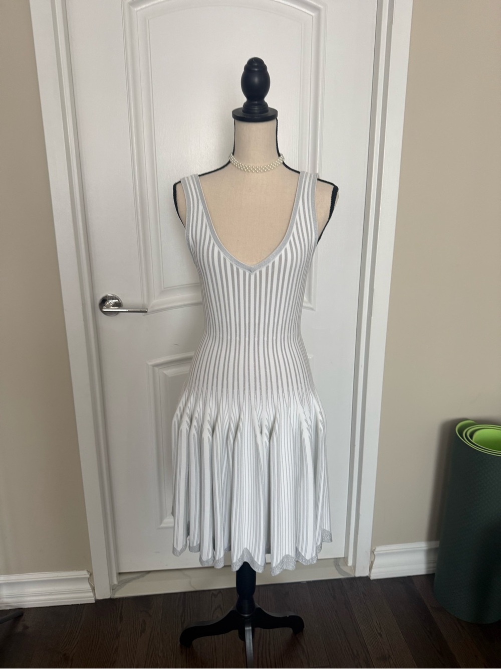 Alaia White and Light Gray Striped V-Neck Knit Dress